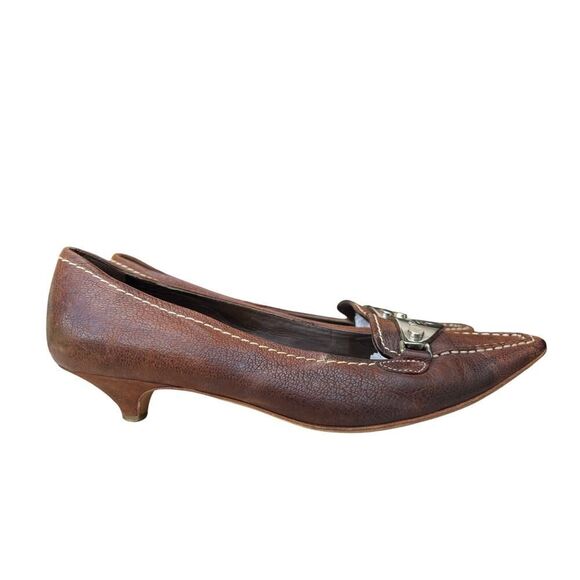 PRADA LEATHER KITTEN HEEL LOAFER PUMP BROWN SIZE 7, EURO 37.5 - Picture 5 of 10